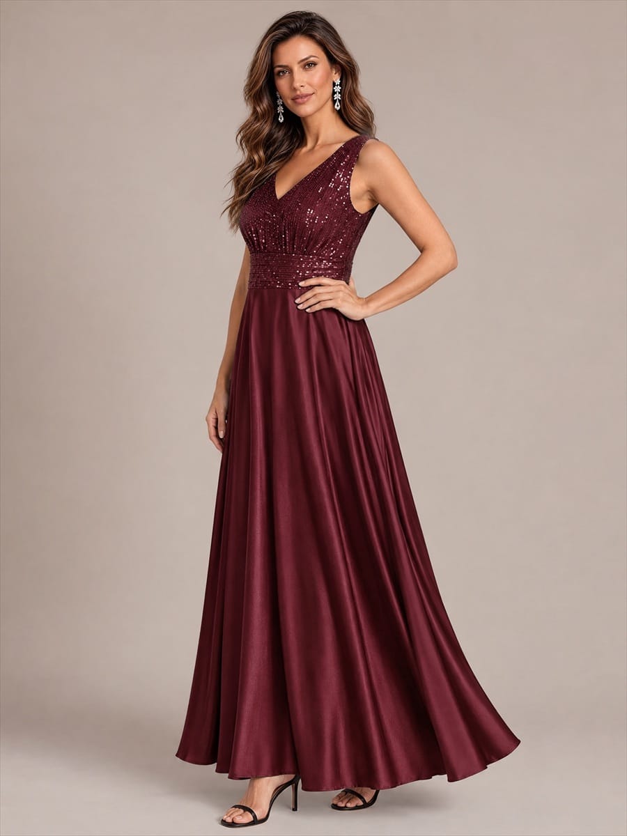 Sequin & Satin V Neck Maxi Evening Dress