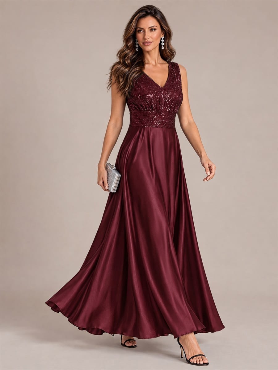 Sequin & Satin V Neck Maxi Evening Dress