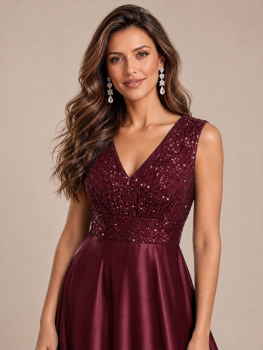 Sequin & Satin V Neck Maxi Evening Dress