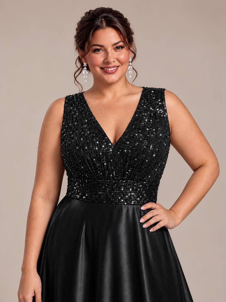 Sequin & Satin V Neck Maxi Evening Dress