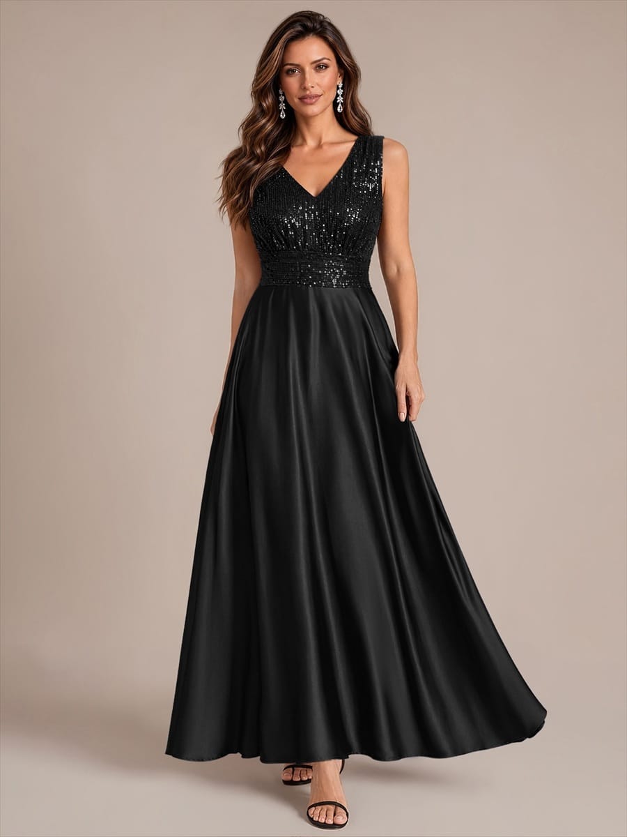 Sequin & Satin V Neck Maxi Evening Dress