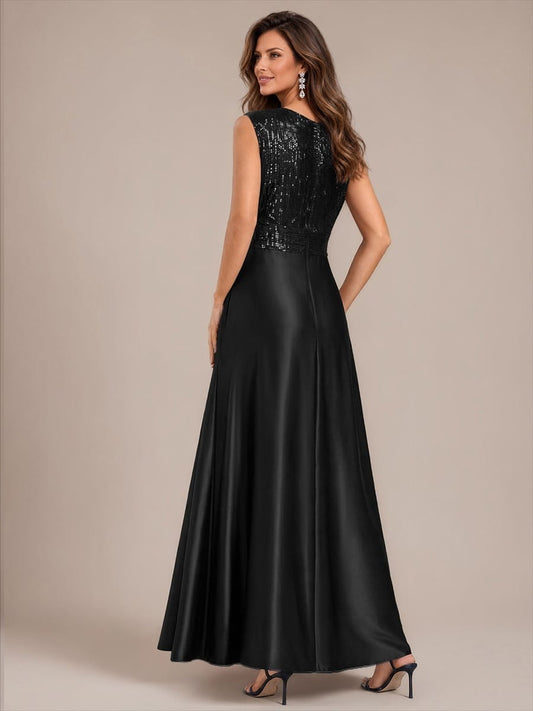 Sequin & Satin V Neck Maxi Evening Dress