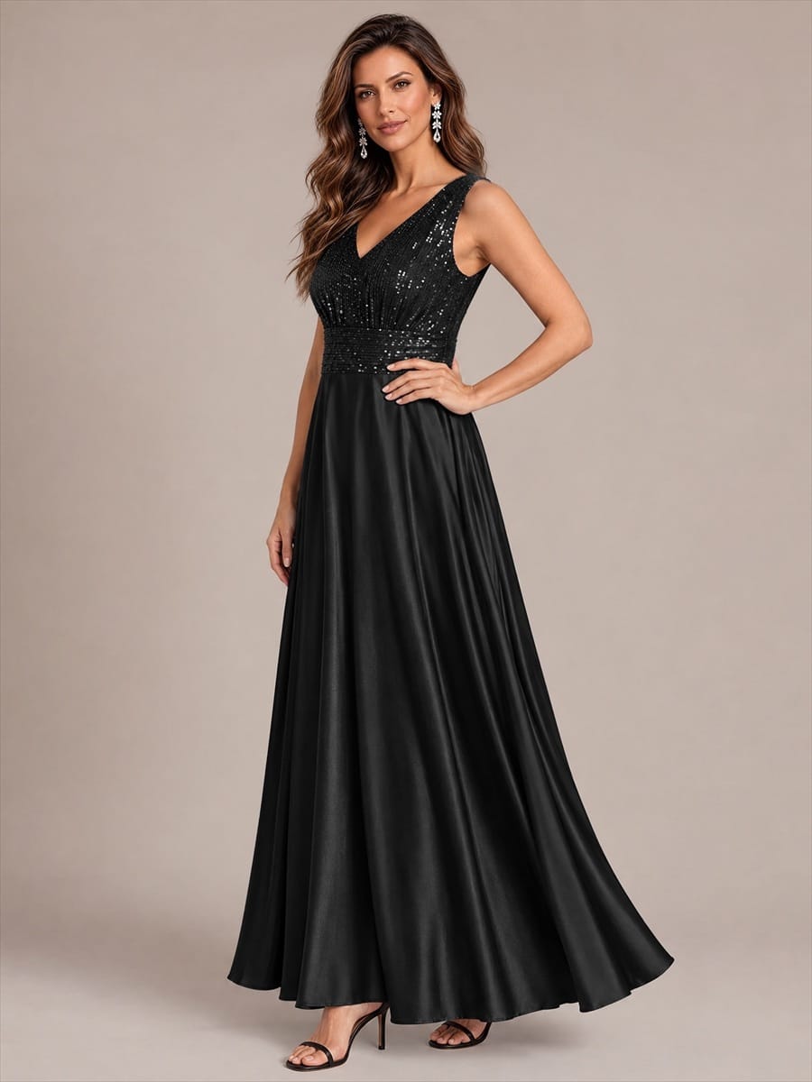 Sequin & Satin V Neck Maxi Evening Dress