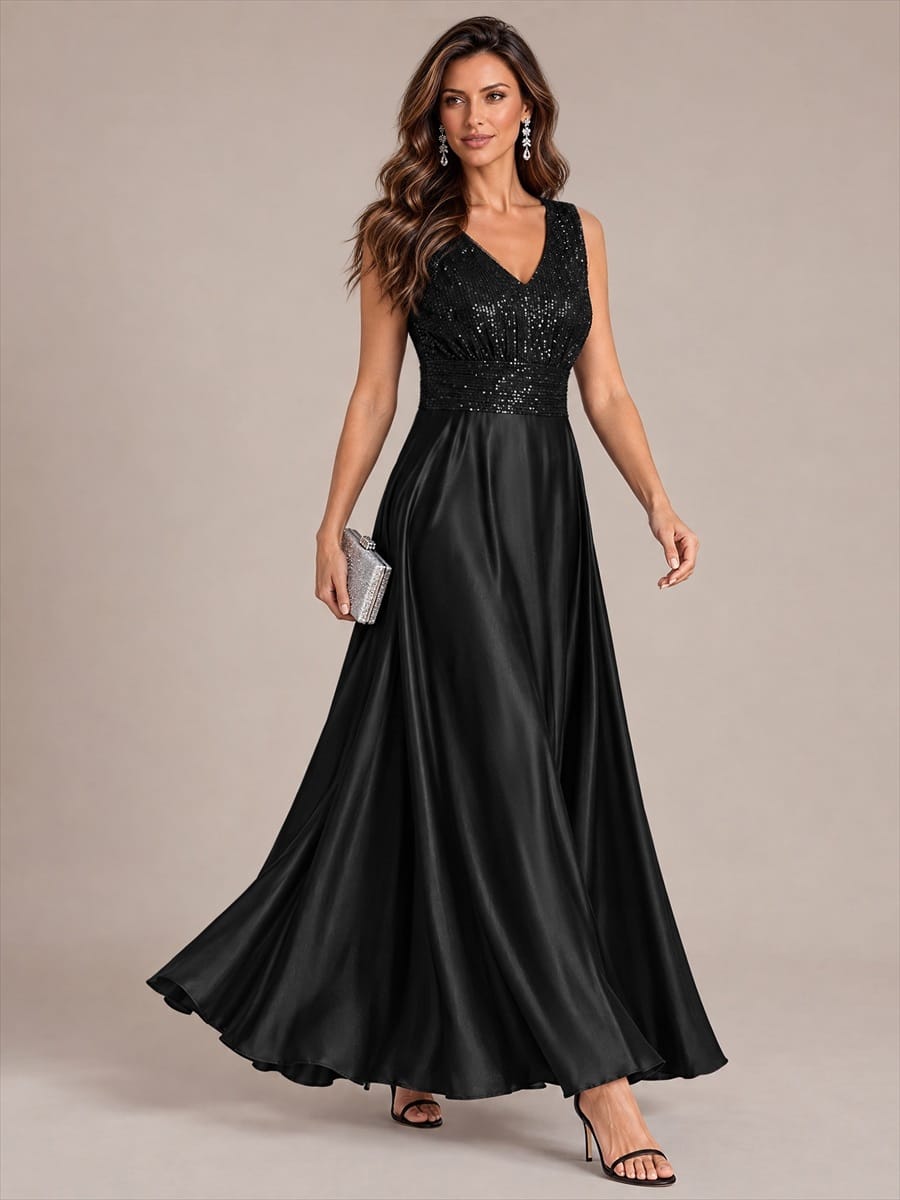 Sequin & Satin V Neck Maxi Evening Dress