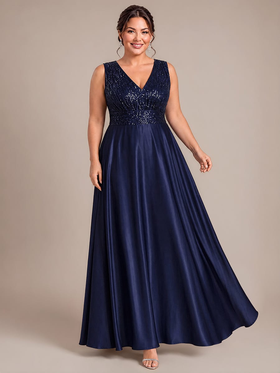 Sequin & Satin V Neck Maxi Evening Dress
