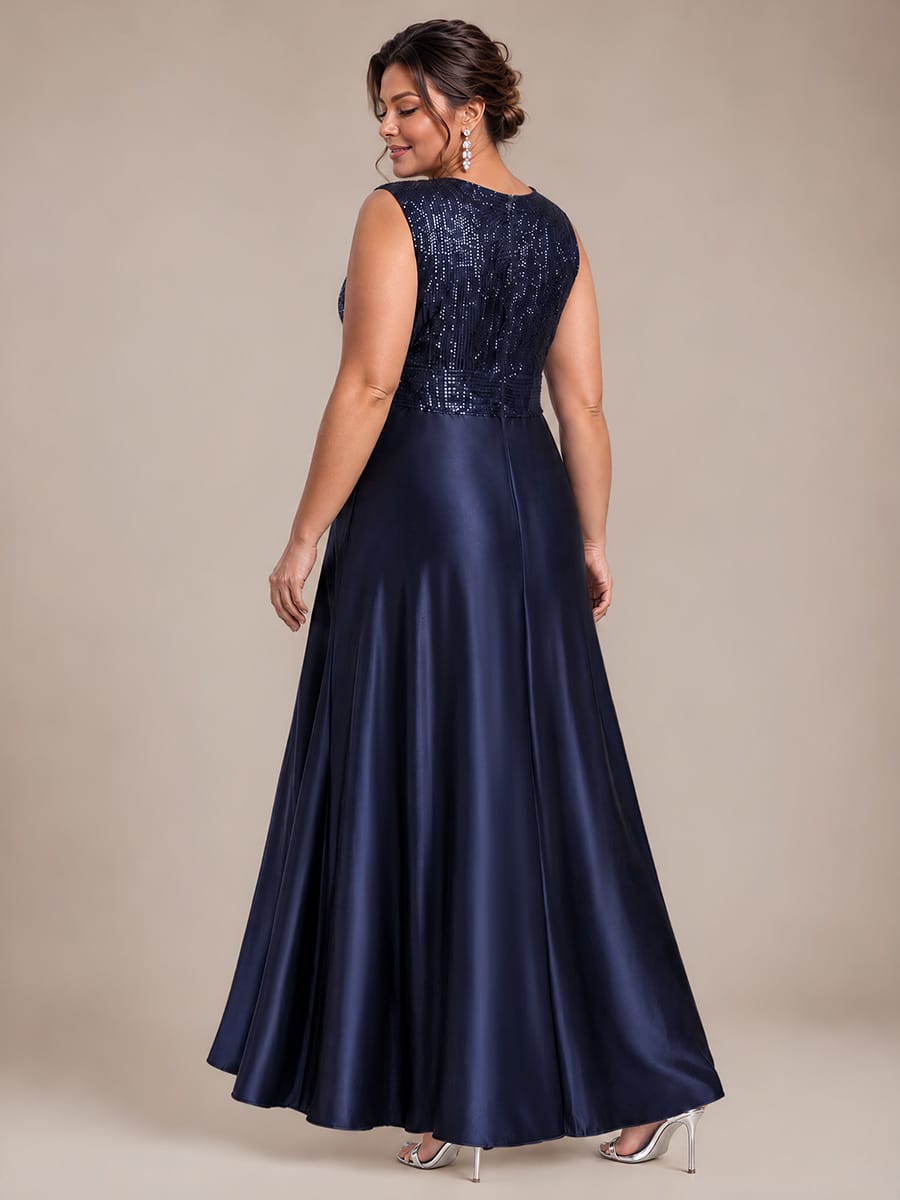 Sequin & Satin V Neck Maxi Evening Dress