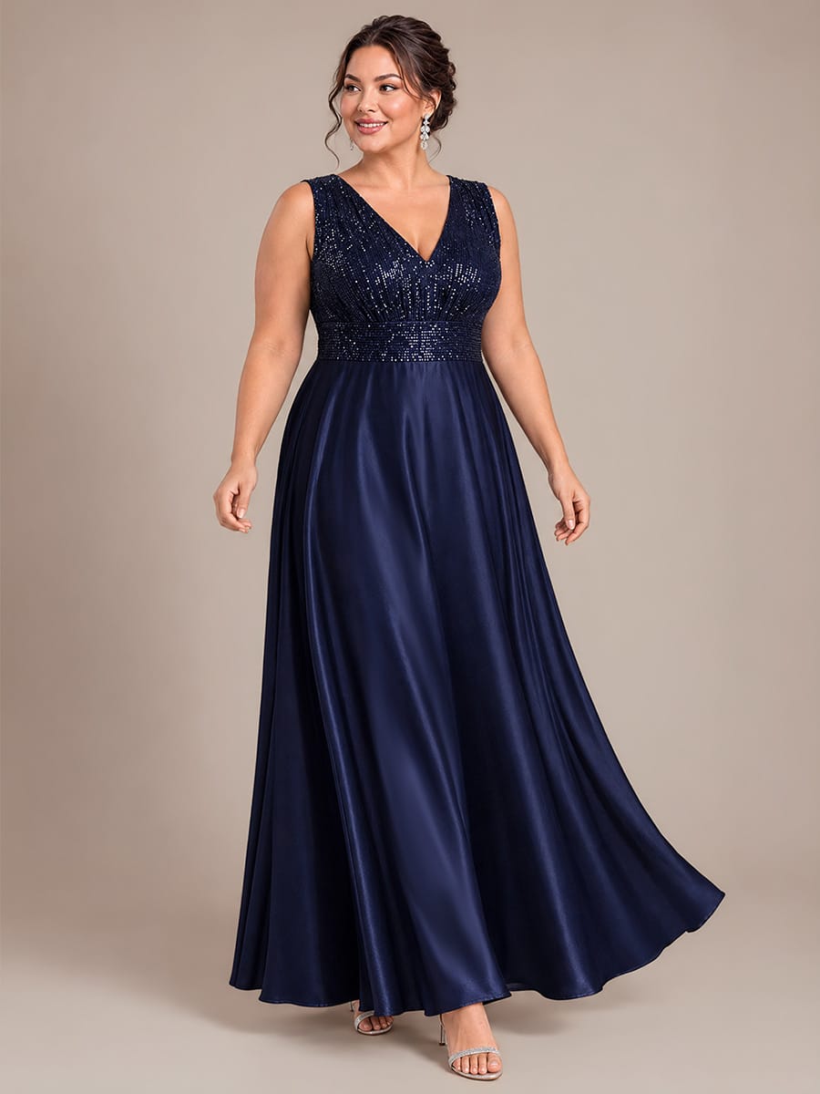 Sequin & Satin V Neck Maxi Evening Dress