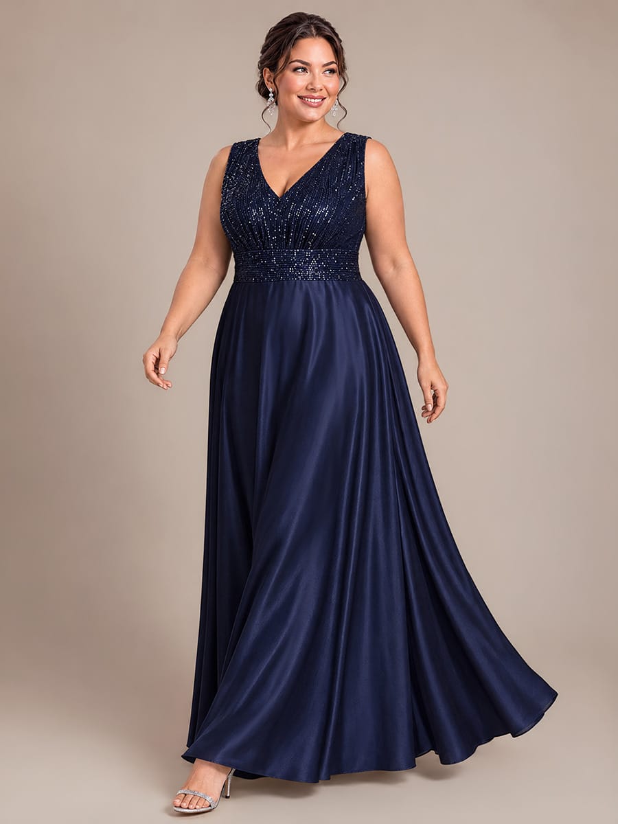 Sequin & Satin V Neck Maxi Evening Dress
