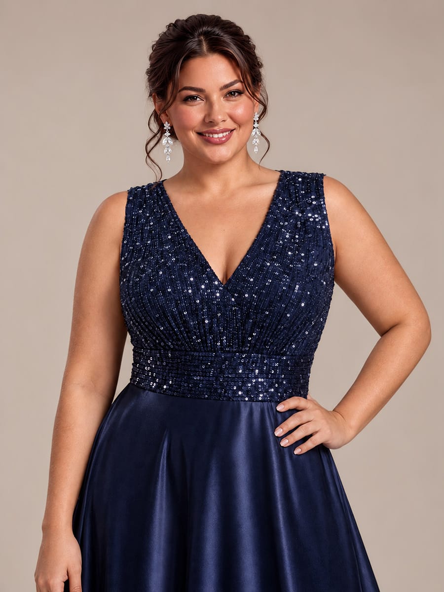 Sequin & Satin V Neck Maxi Evening Dress