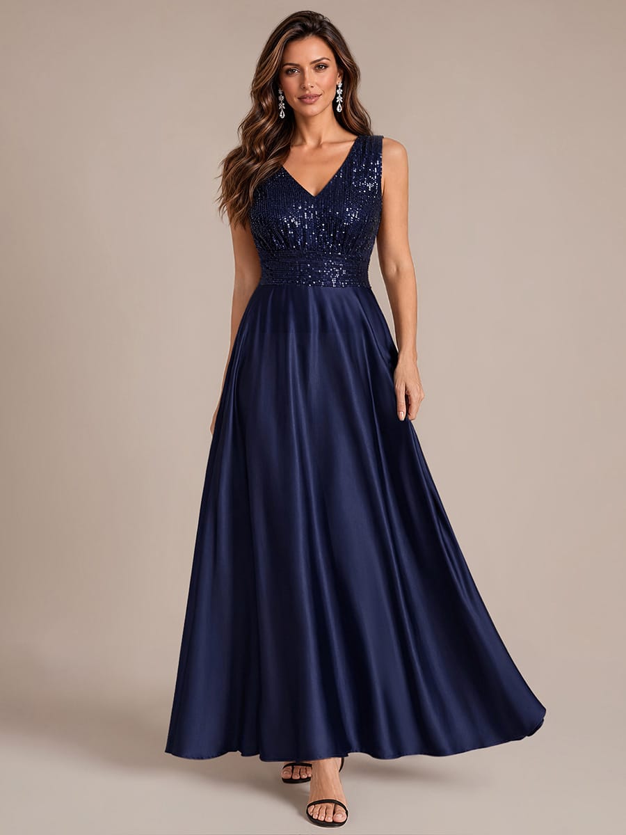 Sequin & Satin V Neck Maxi Evening Dress