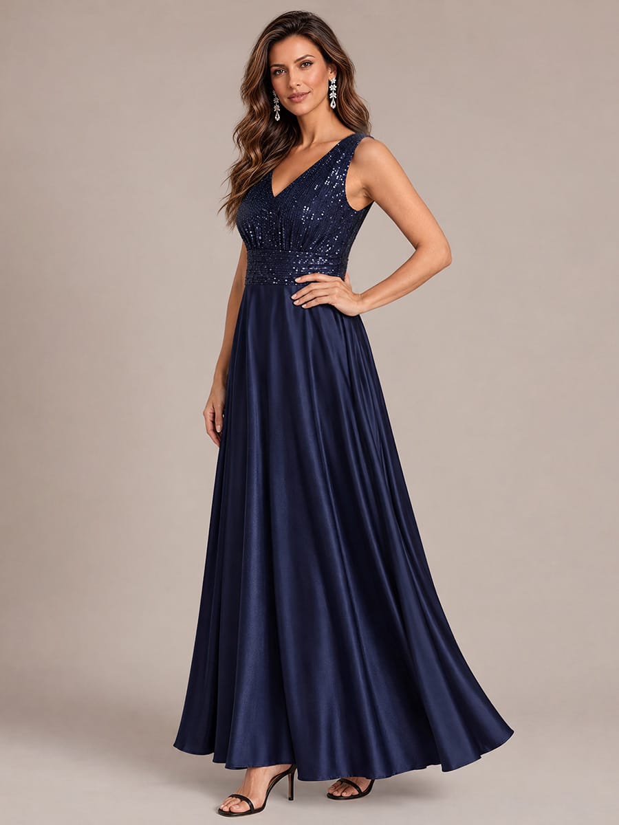 Sequin & Satin V Neck Maxi Evening Dress