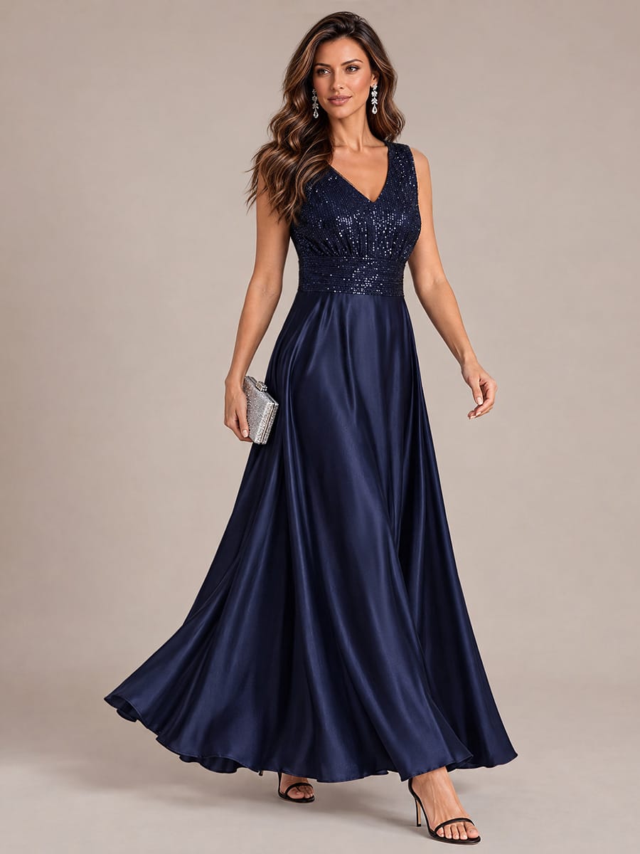 Sequin & Satin V Neck Maxi Evening Dress
