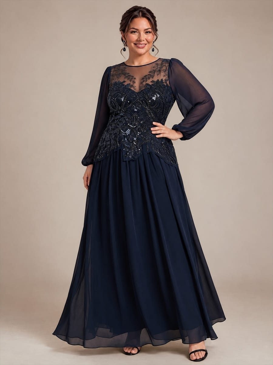 Tulle Round Neck Long Sleeve Beaded Illusion Dress