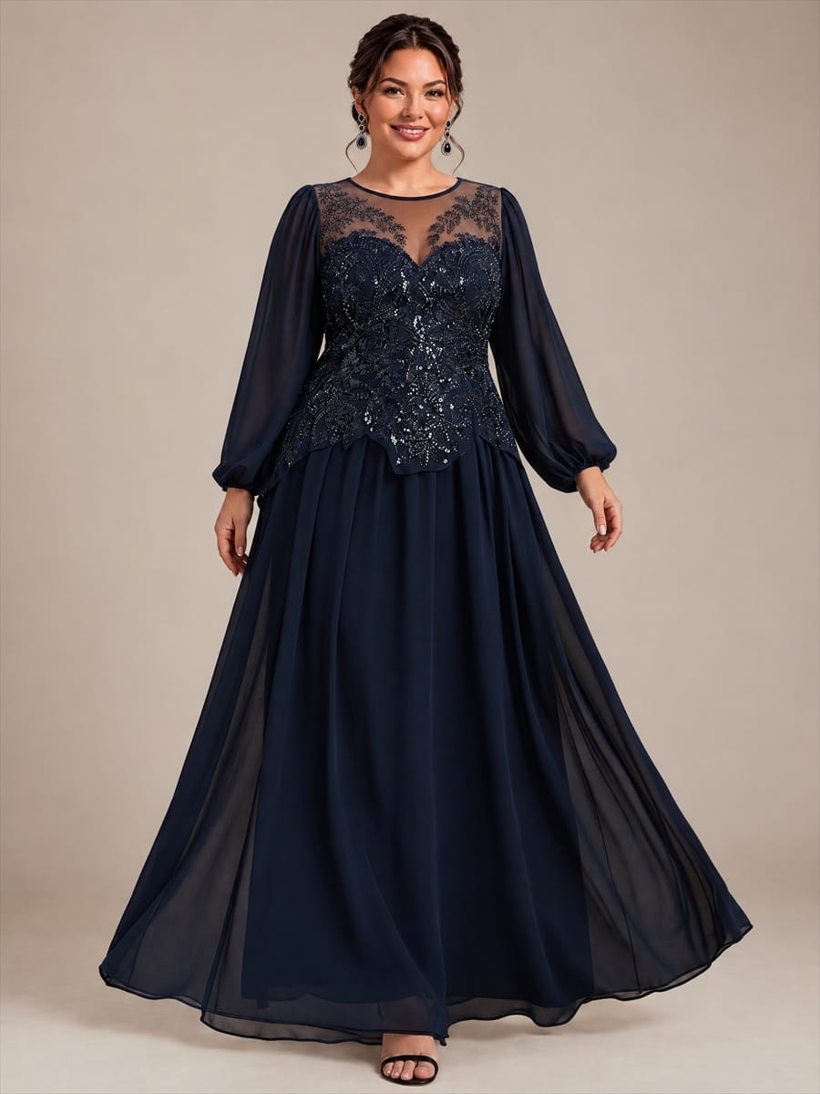 Tulle Round Neck Long Sleeve Beaded Illusion Dress