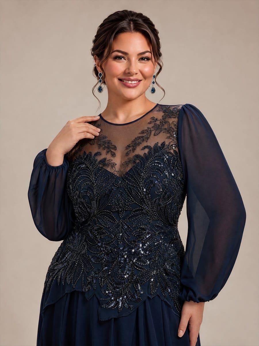 Tulle Round Neck Long Sleeve Beaded Illusion Dress