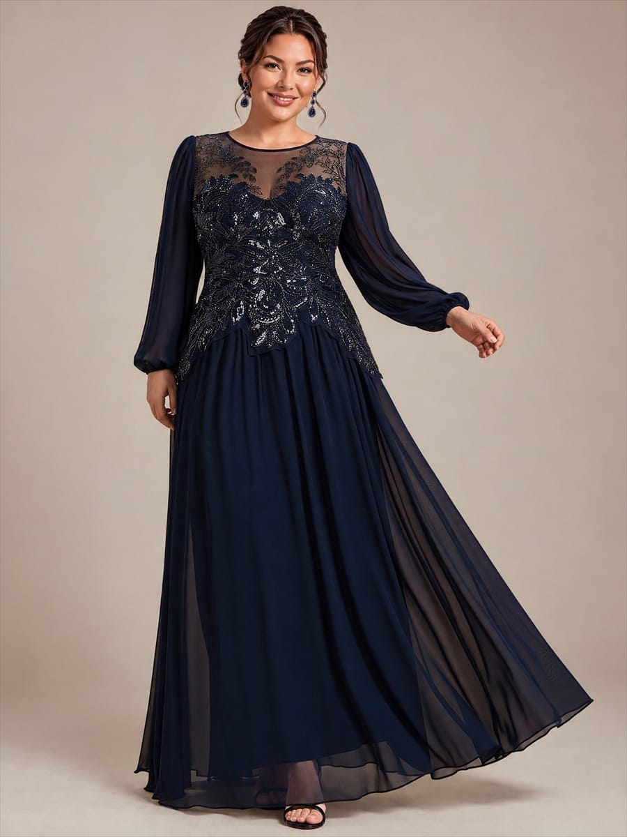 Tulle Round Neck Long Sleeve Beaded Illusion Dress