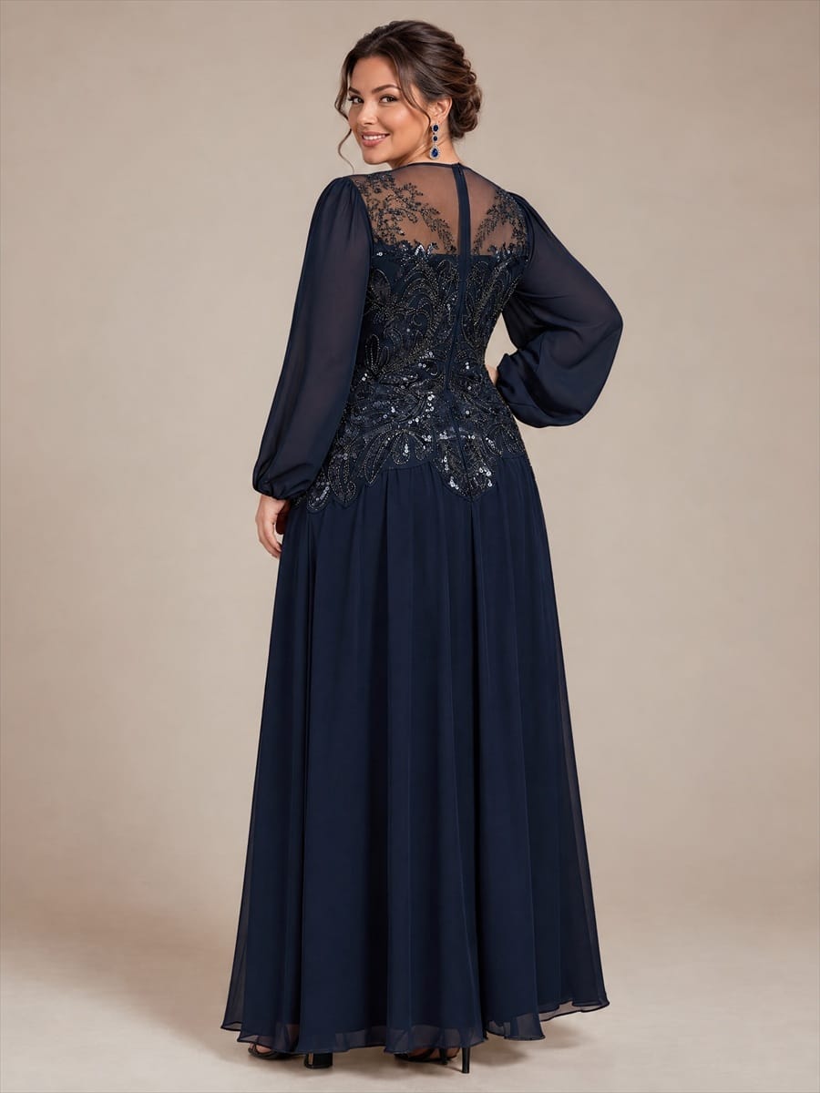 Tulle Round Neck Long Sleeve Beaded Illusion Dress