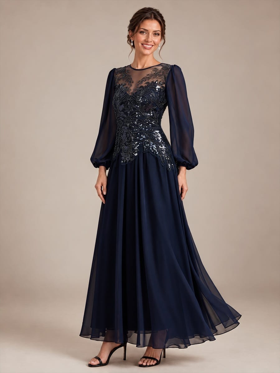 Tulle Round Neck Long Sleeve Beaded Illusion Dress