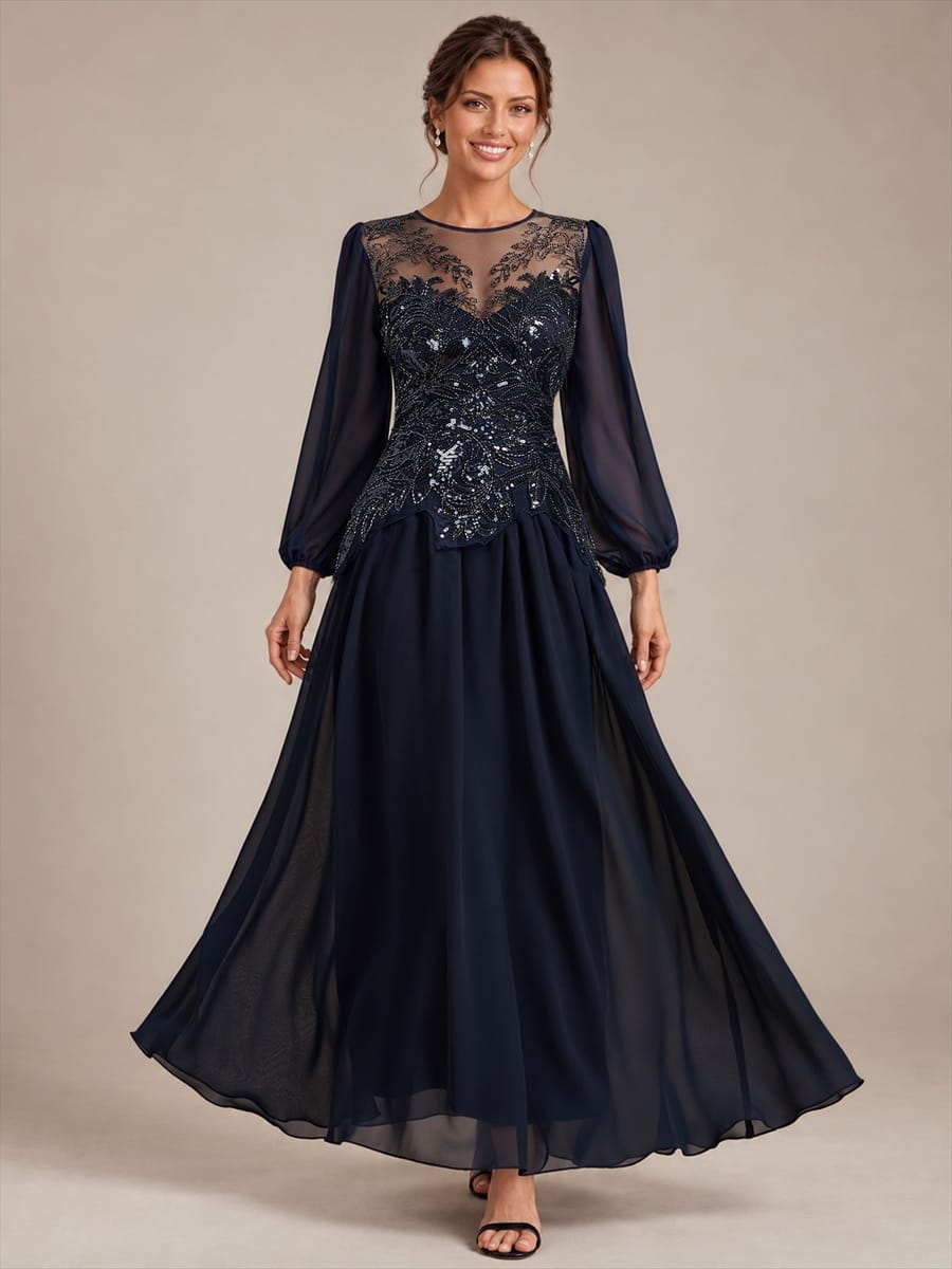 Tulle Round Neck Long Sleeve Beaded Illusion Dress