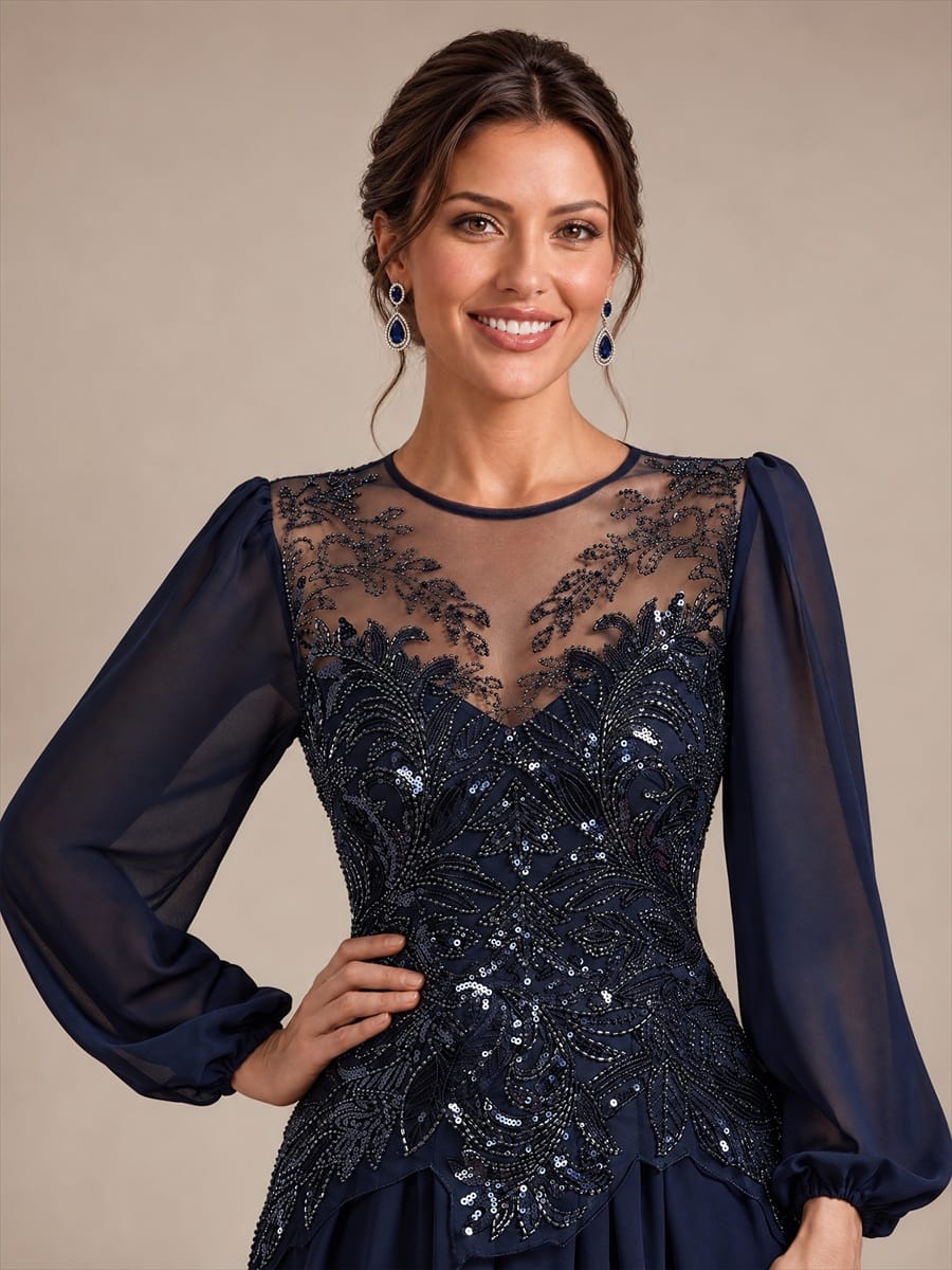 Tulle Round Neck Long Sleeve Beaded Illusion Dress