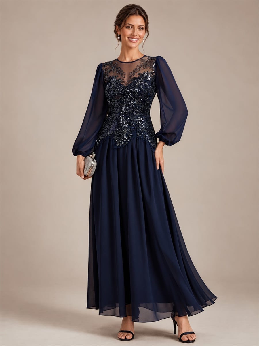 Tulle Round Neck Long Sleeve Beaded Illusion Dress
