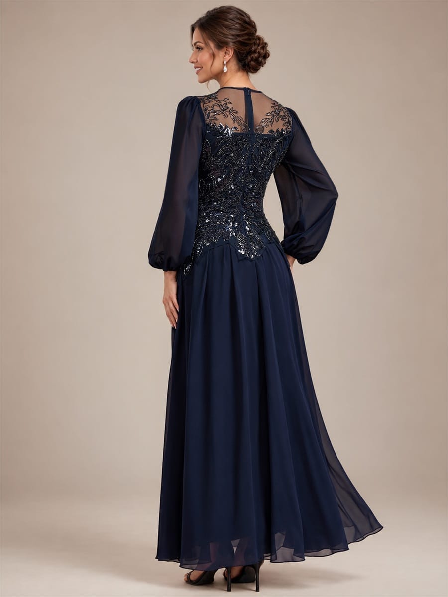 Tulle Round Neck Long Sleeve Beaded Illusion Dress