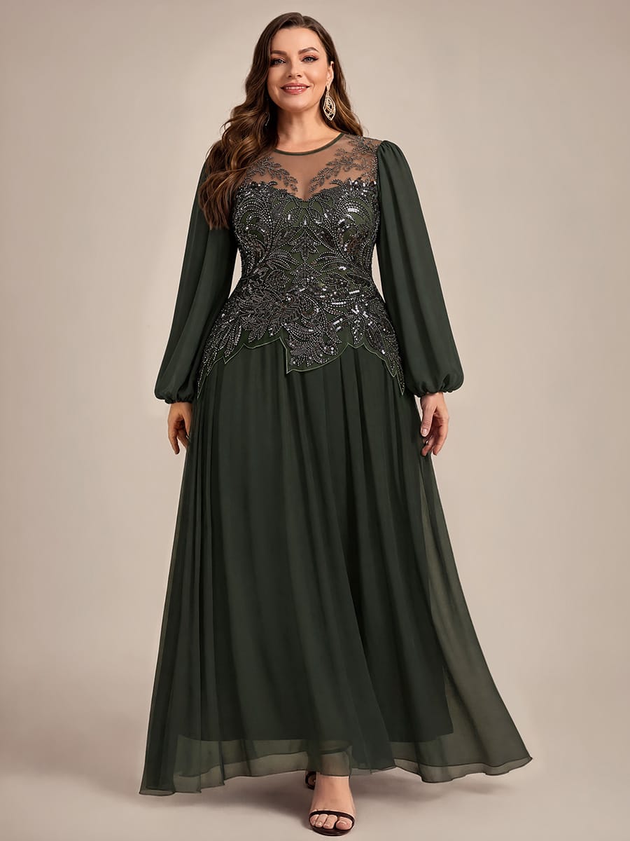 Tulle Round Neck Long Sleeve Beaded Illusion Dress