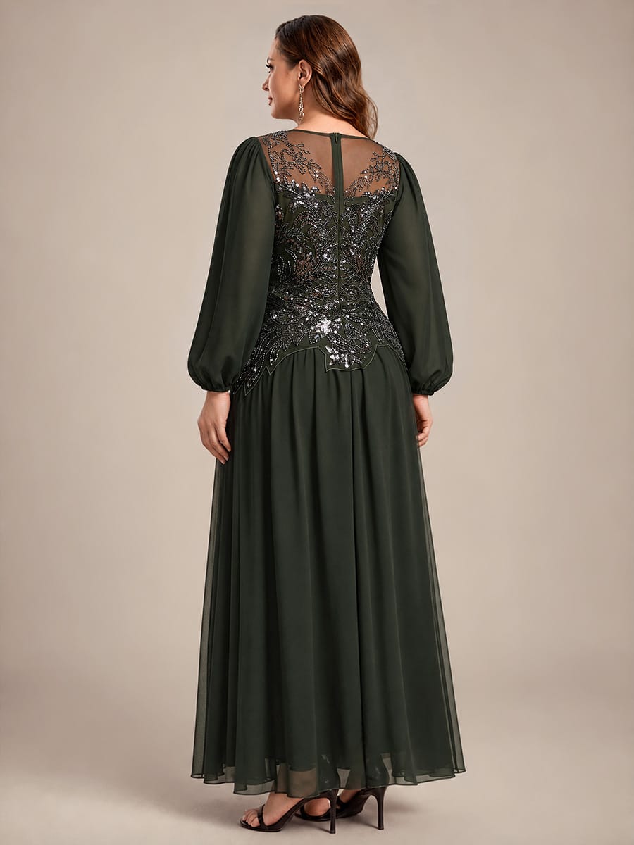 Tulle Round Neck Long Sleeve Beaded Illusion Dress