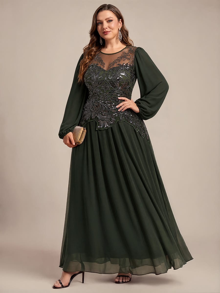 Tulle Round Neck Long Sleeve Beaded Illusion Dress