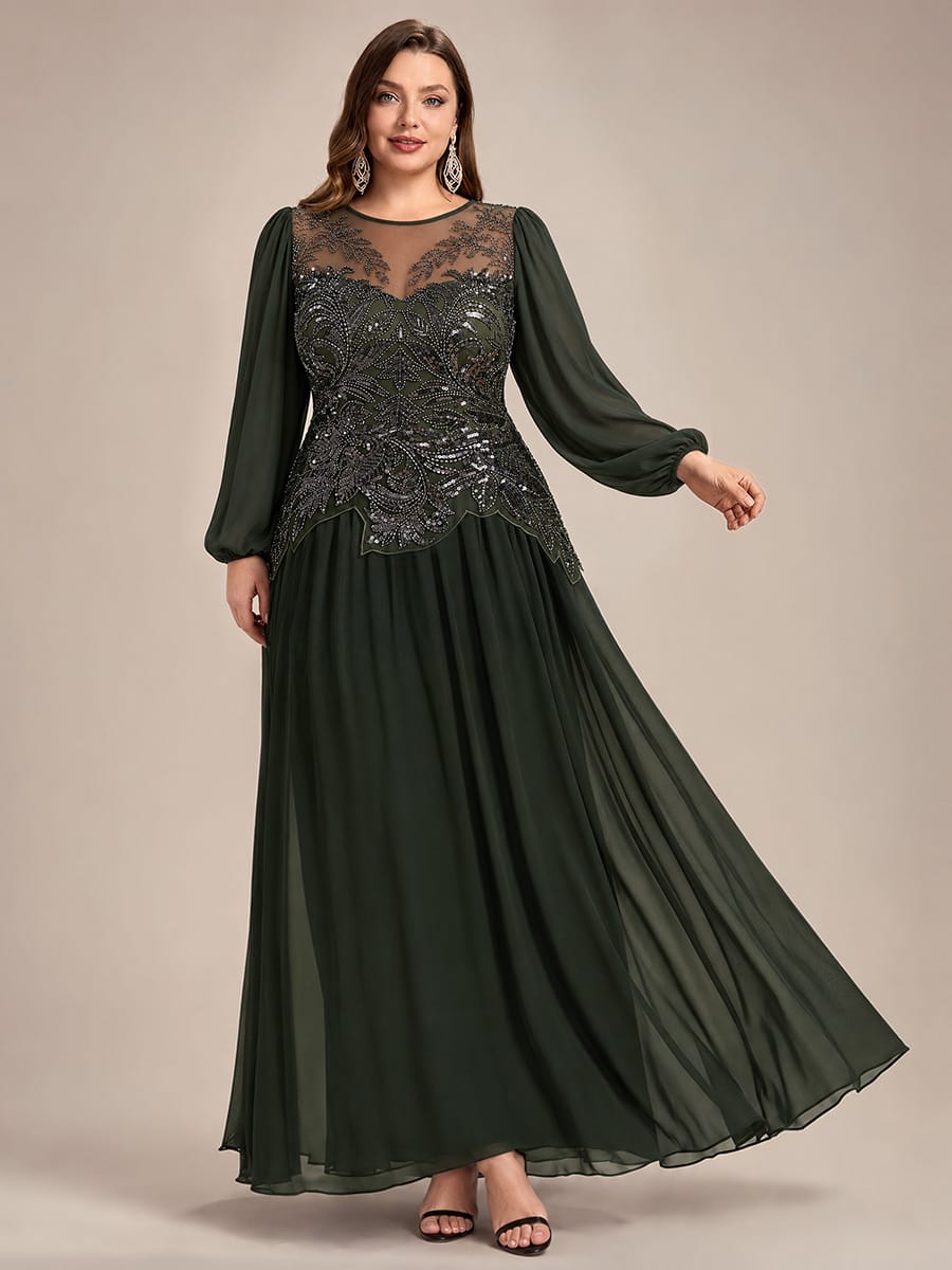 Tulle Round Neck Long Sleeve Beaded Illusion Dress