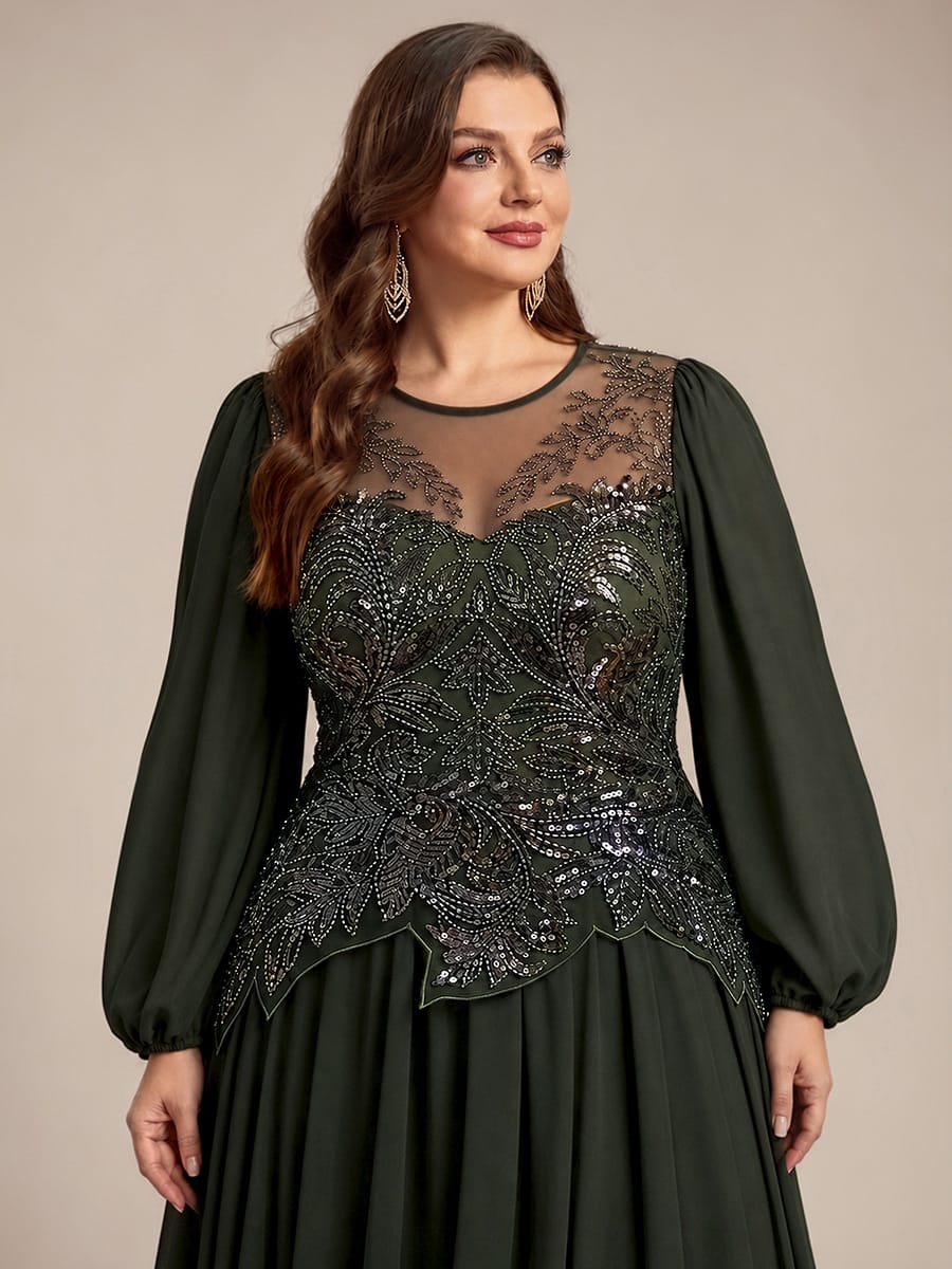 Tulle Round Neck Long Sleeve Beaded Illusion Dress
