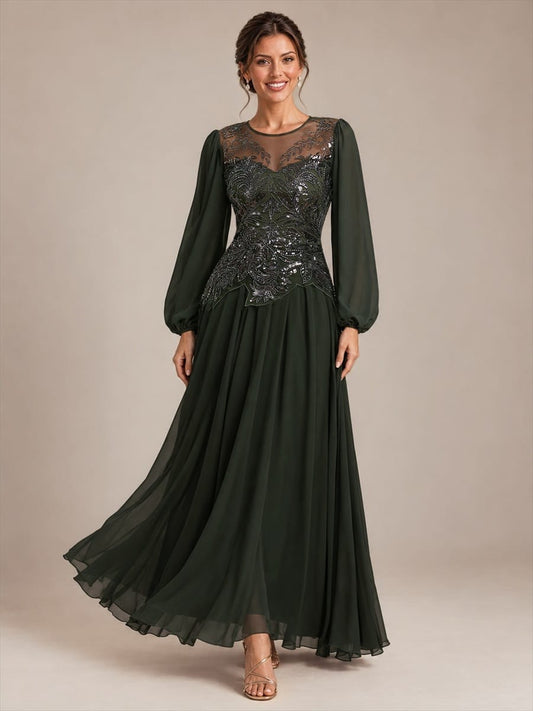 Tulle Round Neck Long Sleeve Beaded Illusion Dress