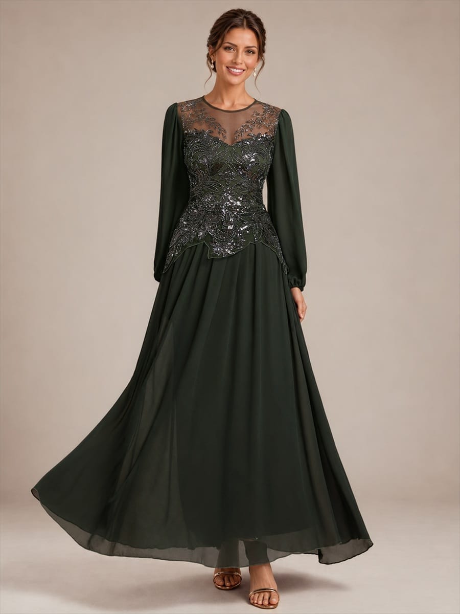 Tulle Round Neck Long Sleeve Beaded Illusion Dress