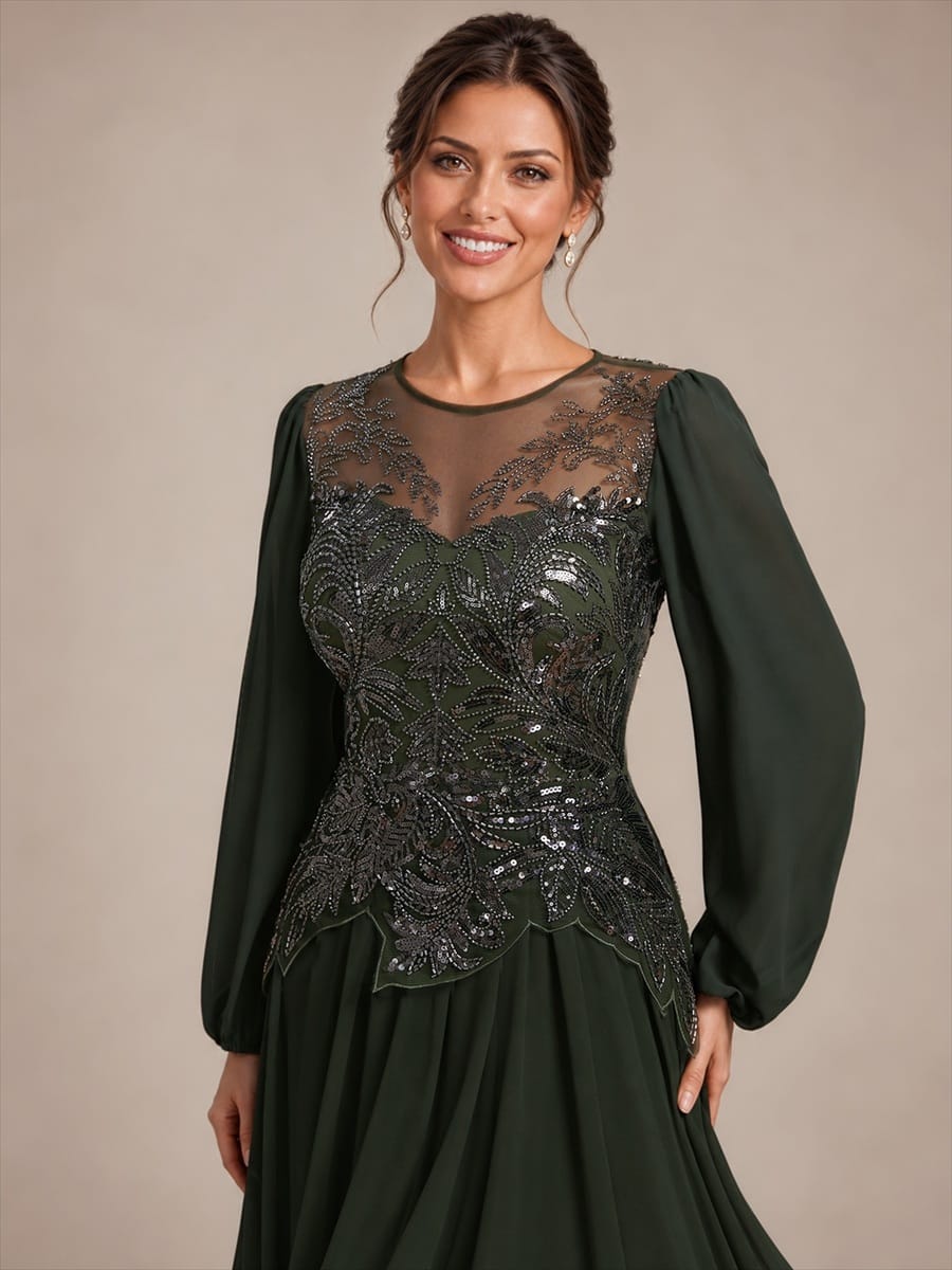 Tulle Round Neck Long Sleeve Beaded Illusion Dress