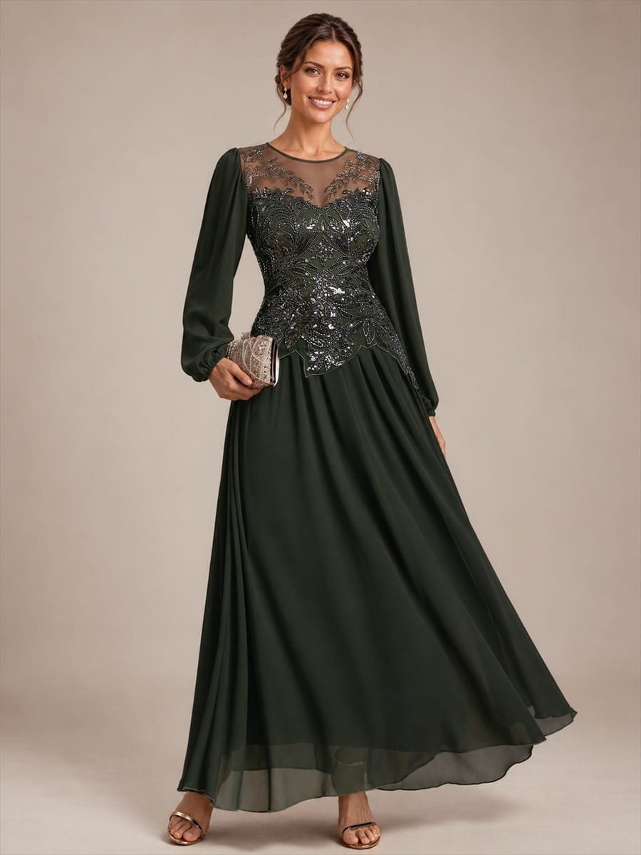 Tulle Round Neck Long Sleeve Beaded Illusion Dress