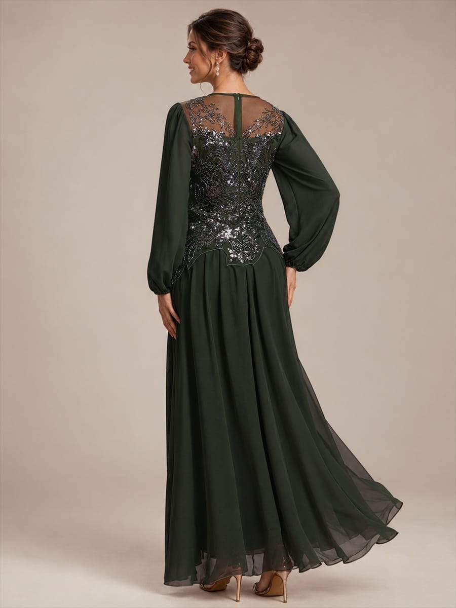 Tulle Round Neck Long Sleeve Beaded Illusion Dress