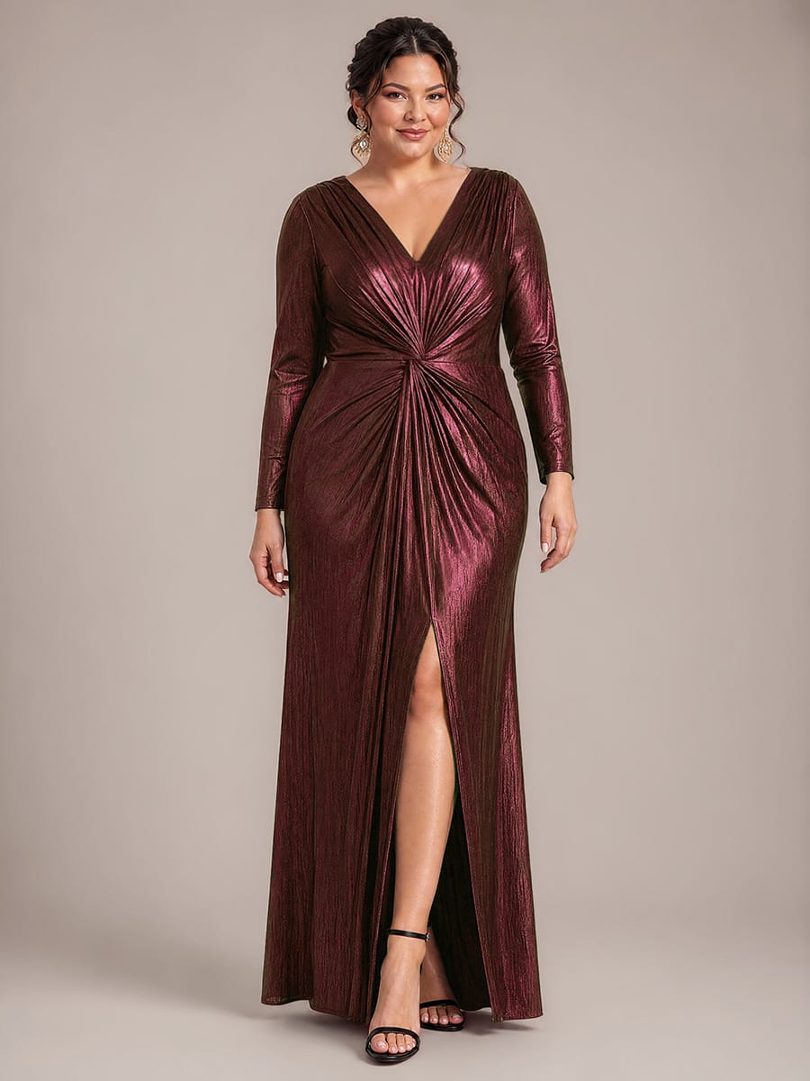 Twist Front V Neck Long Sleeve Evening Dress