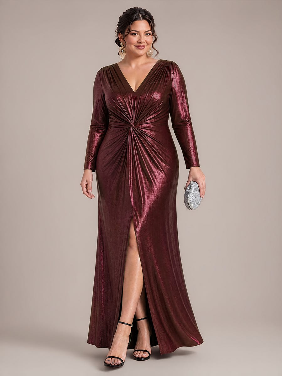 Twist Front V Neck Long Sleeve Evening Dress