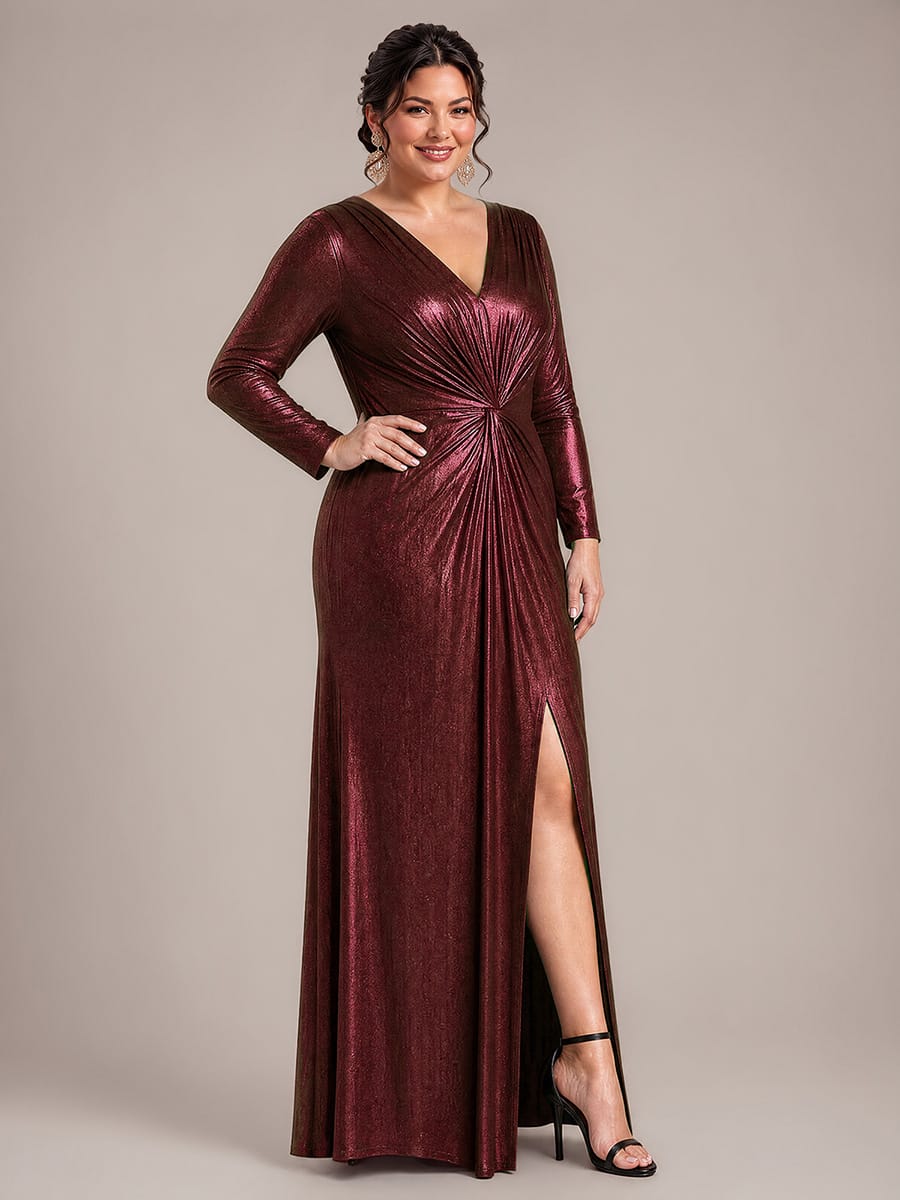 Twist Front V Neck Long Sleeve Evening Dress