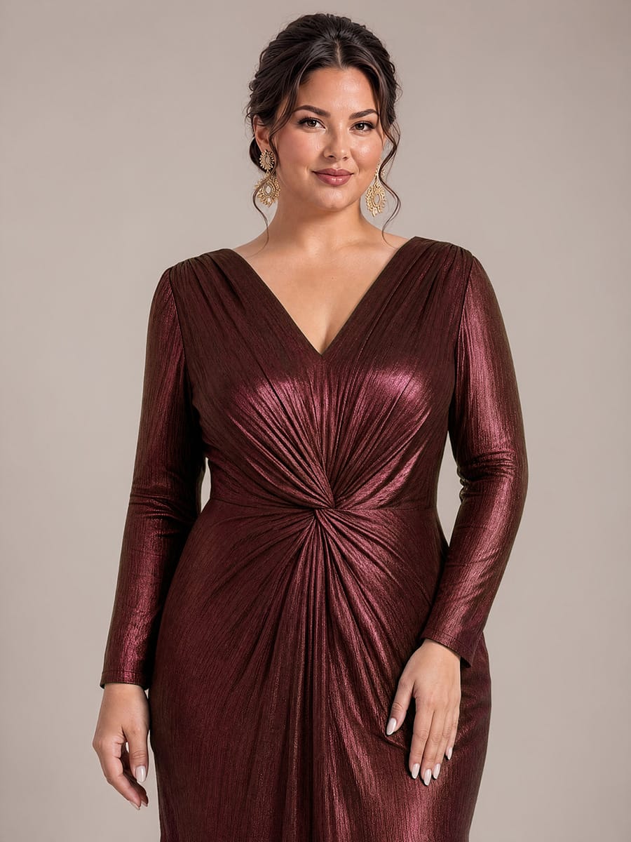Twist Front V Neck Long Sleeve Evening Dress