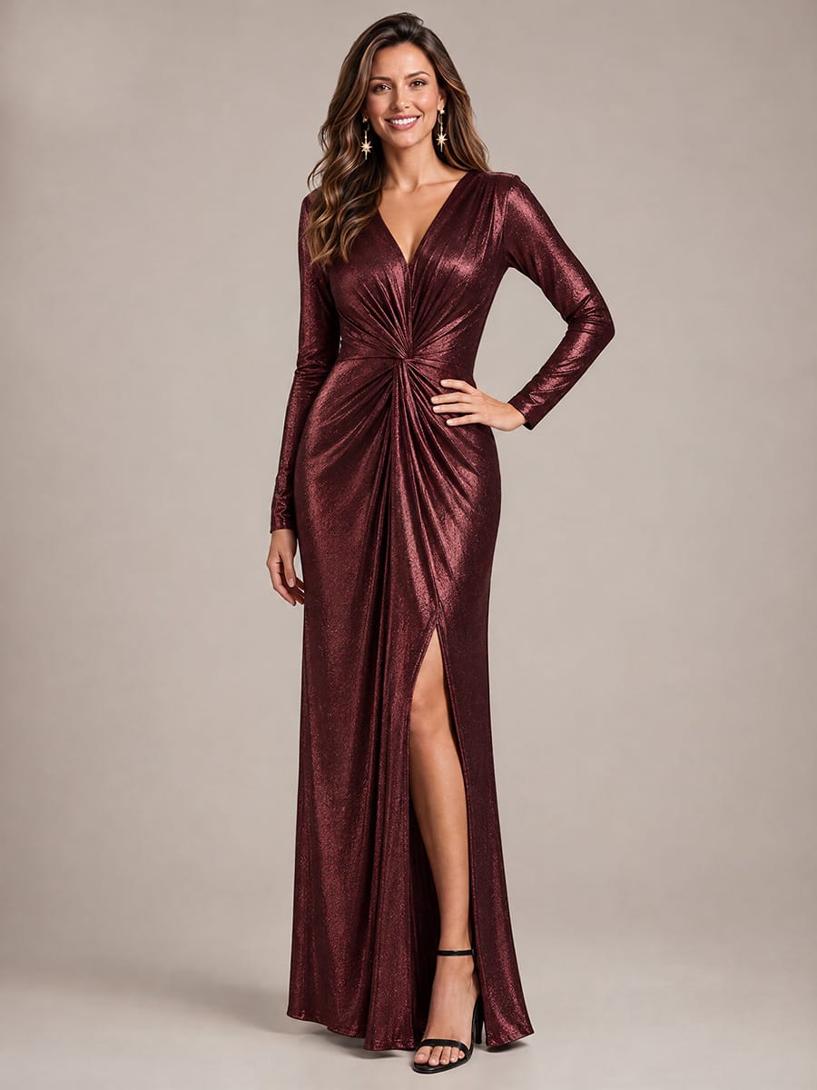 Twist Front V Neck Long Sleeve Evening Dress