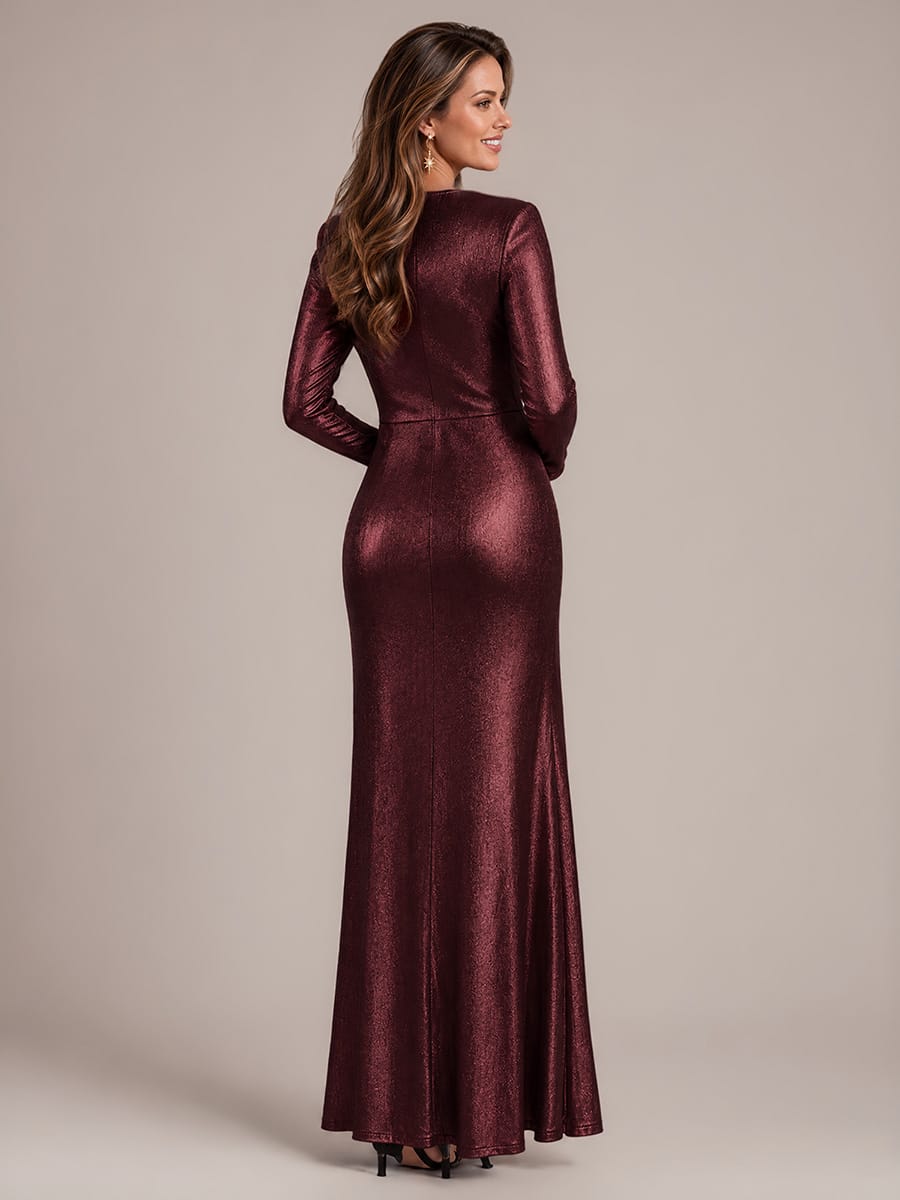 Twist Front V Neck Long Sleeve Evening Dress