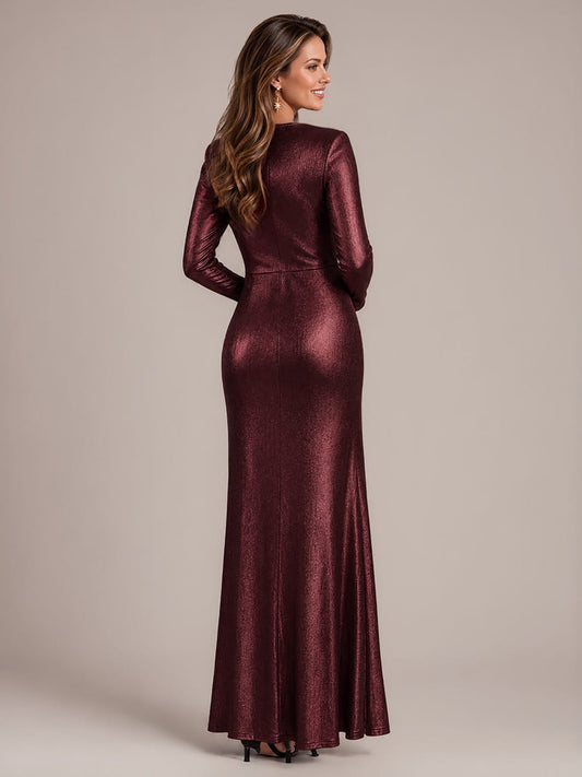 Twist Front V Neck Long Sleeve Evening Dress