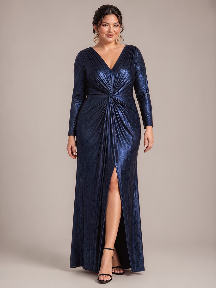 Twist Front V Neck Long Sleeve Evening Dress