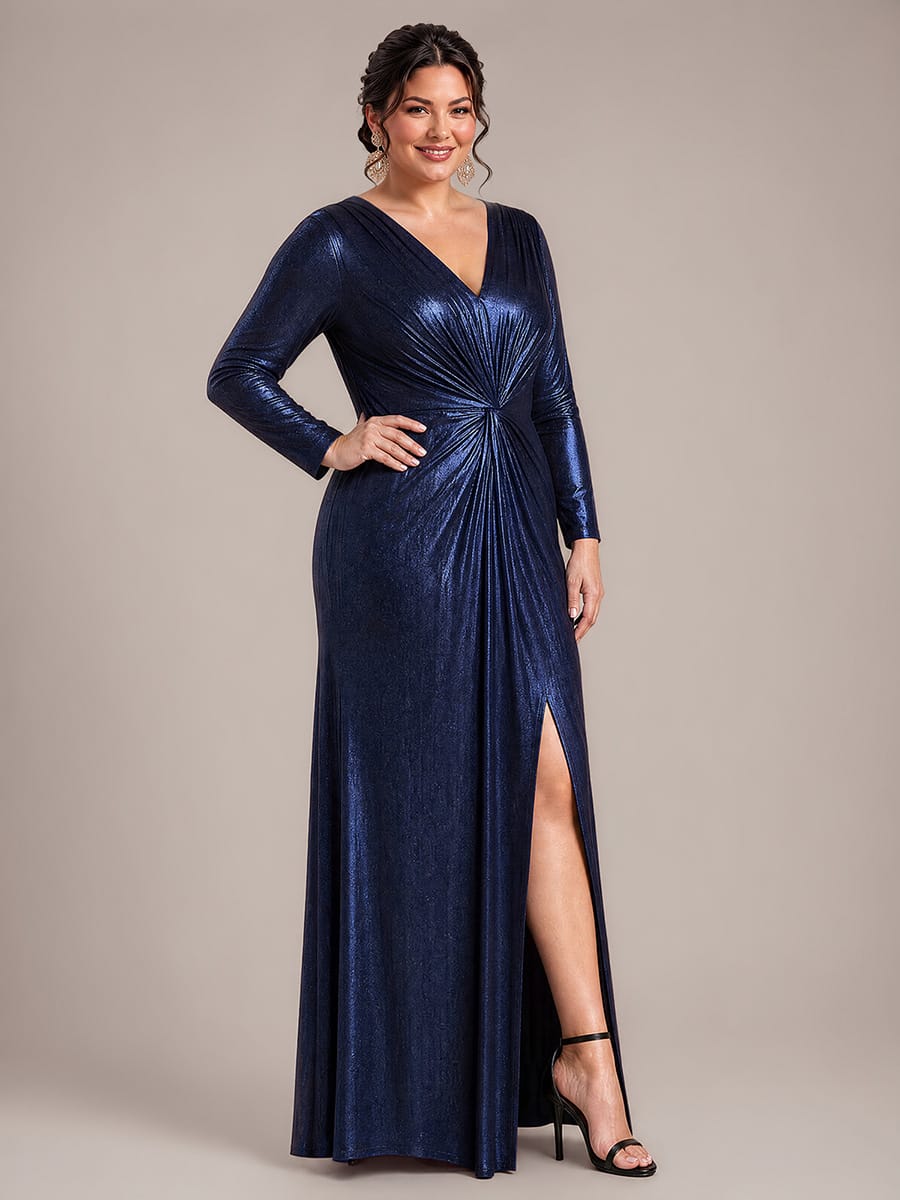 Twist Front V Neck Long Sleeve Evening Dress
