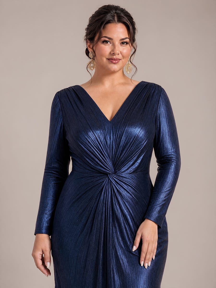 Twist Front V Neck Long Sleeve Evening Dress