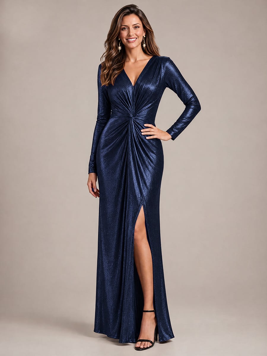 Twist Front V Neck Long Sleeve Evening Dress