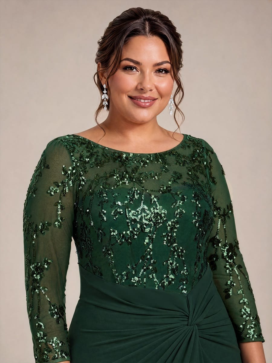 Sequin Bodice Twist Front Long Evening Dress