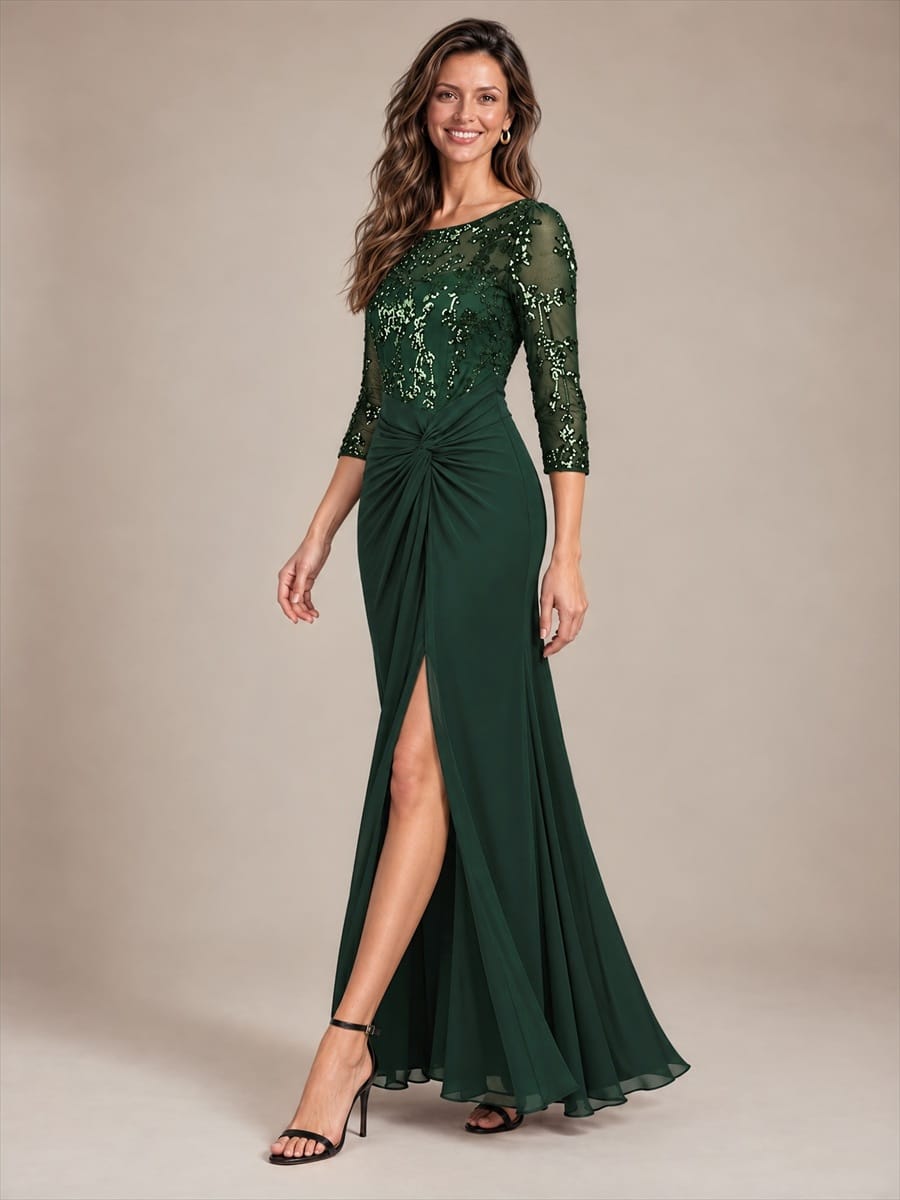 Sequin Bodice Twist Front Long Evening Dress
