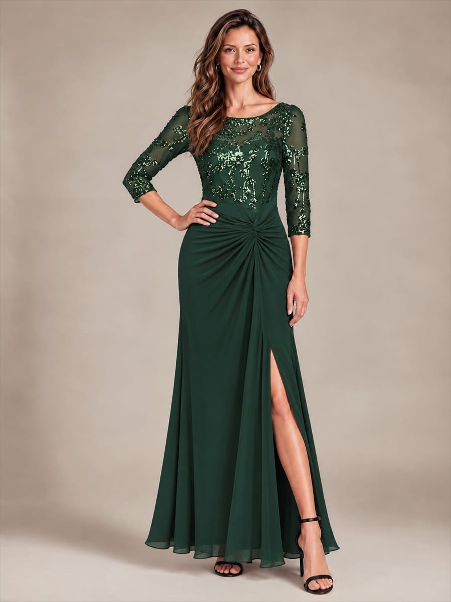 Sequin Bodice Twist Front Long Evening Dress